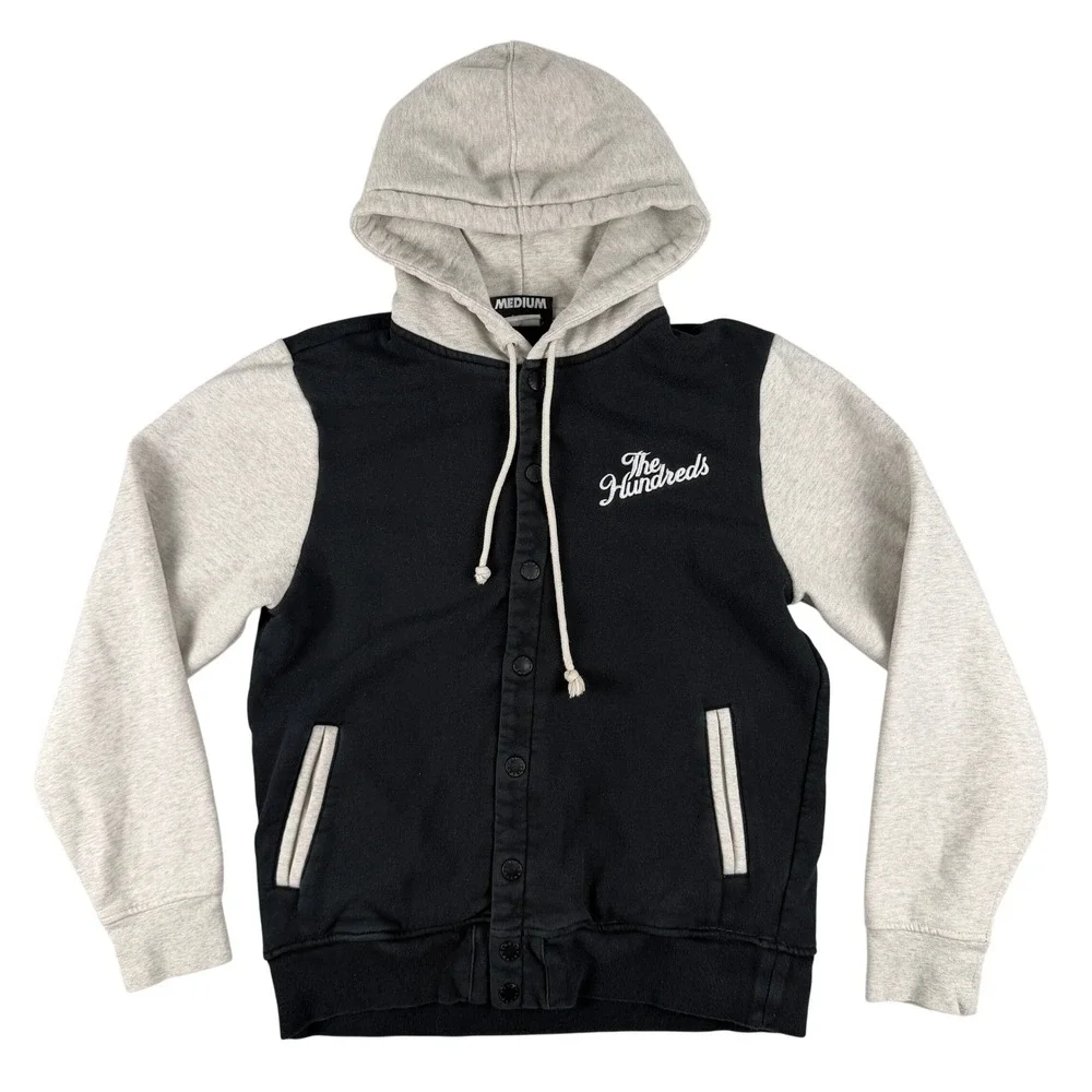 The Hundreds Hoodie Mens M Black Grey Snap Front Varsity Style Jacket Script